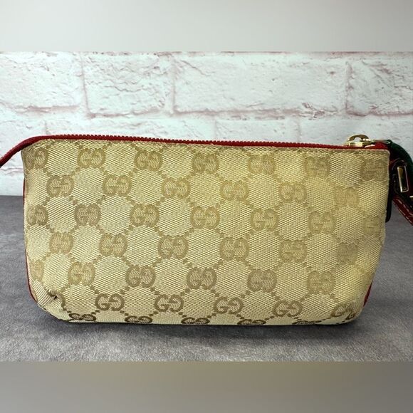 Gucci Sherry Web Bow Khaki Gg Monogram Canvas Wristlet Bag - Picture 4 of 12